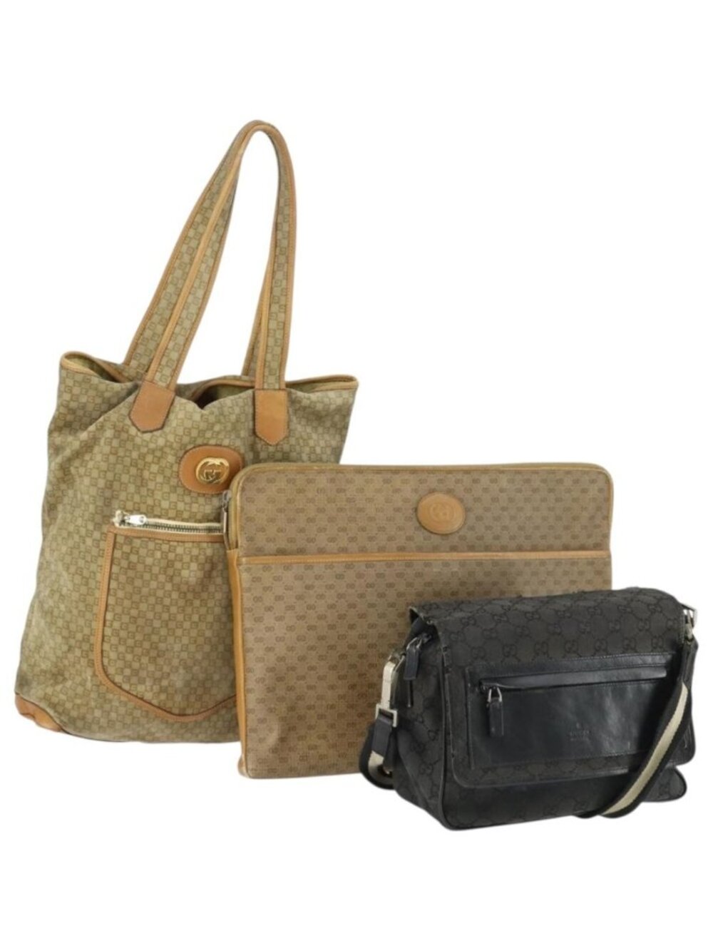 GUCCI GG Canvas Micro GG Supreme Bag Canvas PVC Suede 3 Set Beige